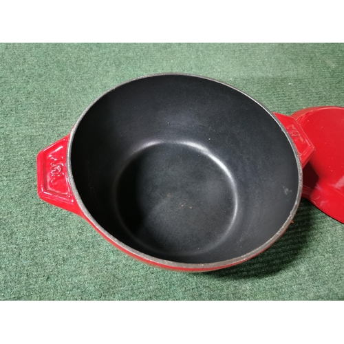 6 - Red enameled cast iron lidded cooking pot by Aga appears in unused condition