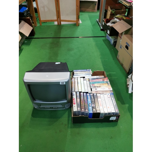 83 - Bush 13in BTV 18SIL VHS combi TV ideal for vintage gaming consoles along with a box of VHS's