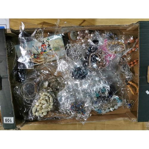 108 - Large quantity of costume jewellery individually packaged in a box along with a quantity of empty je... 