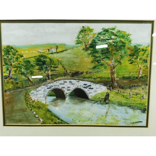 150a - Original acrylic painting of a fisherman by a bridge signed lower right by Ken Gardener height of 42... 