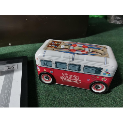 25 - Boxed illuminated salt crystal bowl along with picture frames art glass vase etc