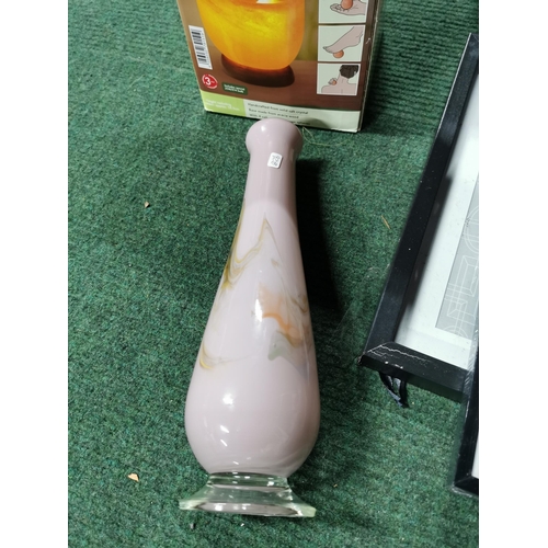 25 - Boxed illuminated salt crystal bowl along with picture frames art glass vase etc