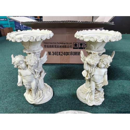 35 - Box of odds inc two cherub pillars a crystal glass flower organiser etc