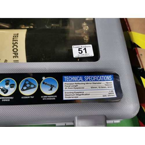 51 - Cased reflector telescope complete with a tripod for a telescope