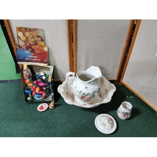 41 - Large antique/vintage ewer and bowl, 20 Pifco party lanterns etc