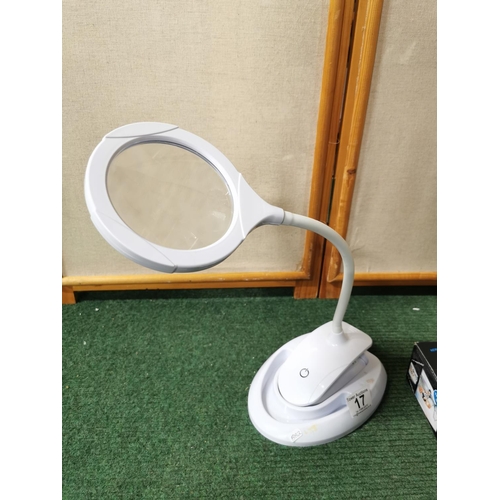 17 - Adjustable poise clip on desk LED illuminated magnifying lamp along with magnifying TV glasses