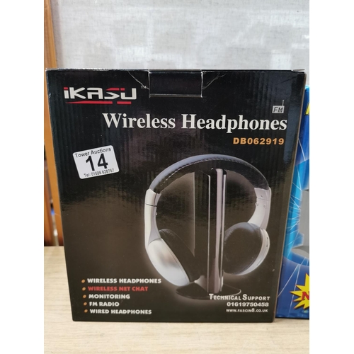 14 - 2x new boxed wireless headphones by Nippon and Ikasu, along with Thomson wireless UHS speakers