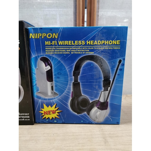 14 - 2x new boxed wireless headphones by Nippon and Ikasu, along with Thomson wireless UHS speakers