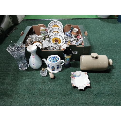 36 - Box full of collectible good name china, ceramics, earthen wear along with Bohemia crystal vase
