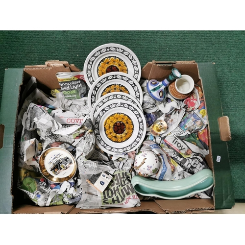 36 - Box full of collectible good name china, ceramics, earthen wear along with Bohemia crystal vase