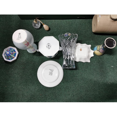 36 - Box full of collectible good name china, ceramics, earthen wear along with Bohemia crystal vase