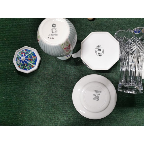 36 - Box full of collectible good name china, ceramics, earthen wear along with Bohemia crystal vase