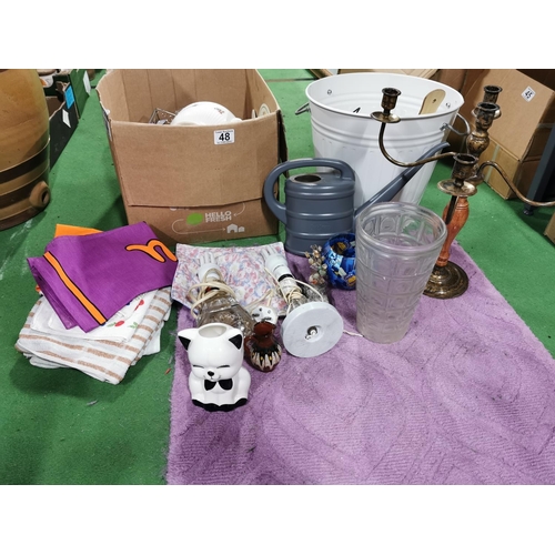 48 - Box of odds inc good quality glass, china and collectable along with a metal bin and a Wedgewood tur... 