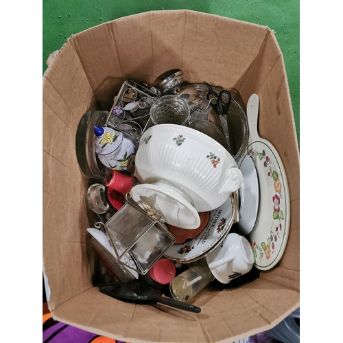 48 - Box of odds inc good quality glass, china and collectable along with a metal bin and a Wedgewood tur... 