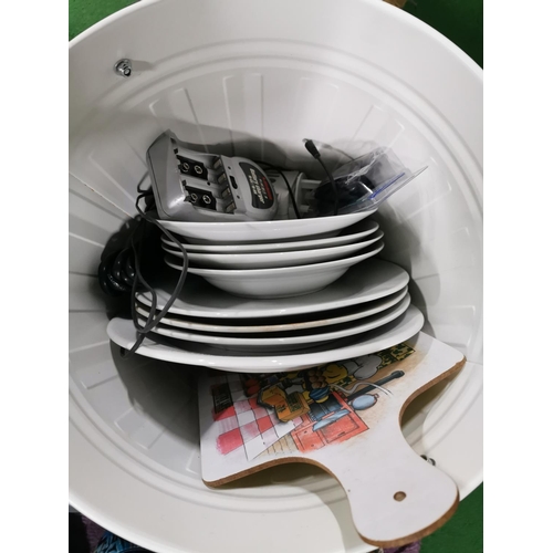 48 - Box of odds inc good quality glass, china and collectable along with a metal bin and a Wedgewood tur... 