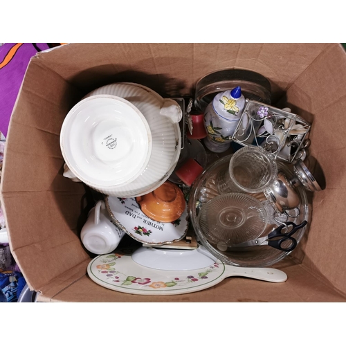 48 - Box of odds inc good quality glass, china and collectable along with a metal bin and a Wedgewood tur... 