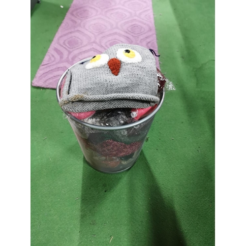 49 - Metal waste bin full of crochet hats and knitting wool