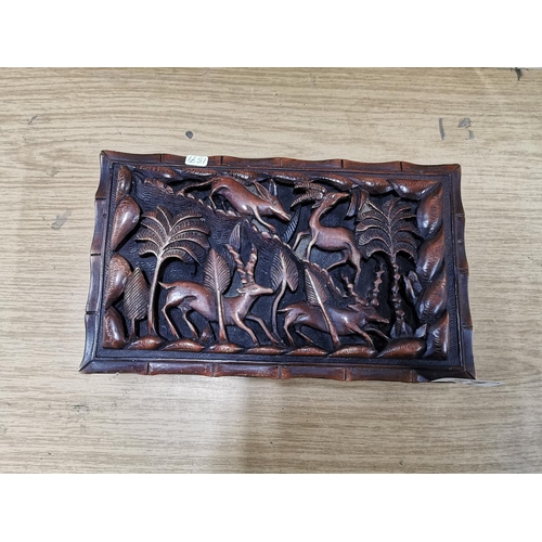 57 - Vintage Intricately hand carved wildlife scene on a hardwood storage chest box (very well done deep ... 