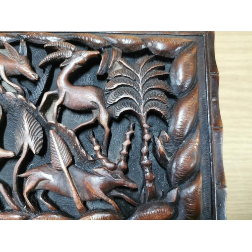 57 - Vintage Intricately hand carved wildlife scene on a hardwood storage chest box (very well done deep ... 
