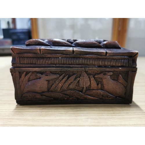 57 - Vintage Intricately hand carved wildlife scene on a hardwood storage chest box (very well done deep ... 