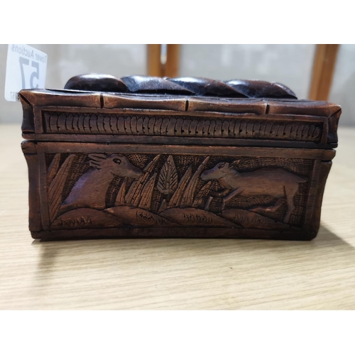 57 - Vintage Intricately hand carved wildlife scene on a hardwood storage chest box (very well done deep ... 
