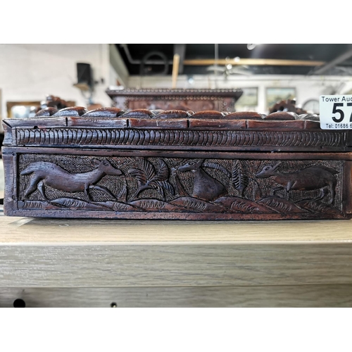 57 - Vintage Intricately hand carved wildlife scene on a hardwood storage chest box (very well done deep ... 