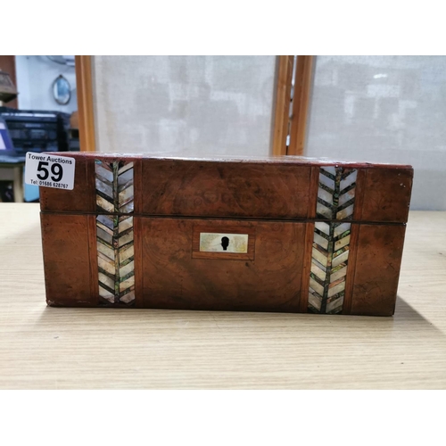 59 - Antique hardwood writing slope storage box with attractive chevron Mother of Pearl inlay. Key not in... 