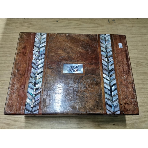 59 - Antique hardwood writing slope storage box with attractive chevron Mother of Pearl inlay. Key not in... 