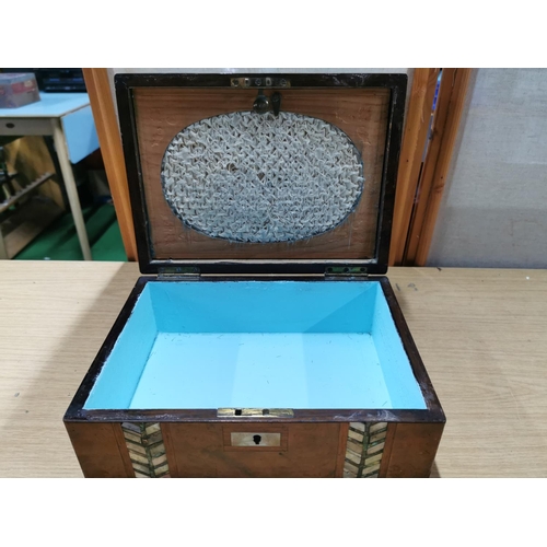 59 - Antique hardwood writing slope storage box with attractive chevron Mother of Pearl inlay. Key not in... 