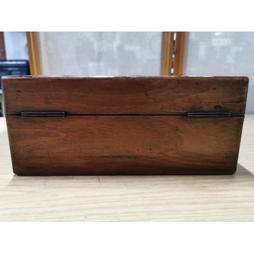 59 - Antique hardwood writing slope storage box with attractive chevron Mother of Pearl inlay. Key not in... 