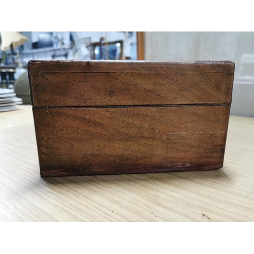59 - Antique hardwood writing slope storage box with attractive chevron Mother of Pearl inlay. Key not in... 