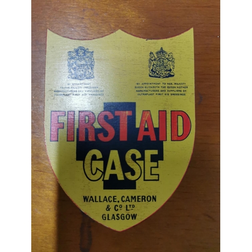 60 - Vintage wooden First Aid box, full of supplies. 23.5cm high, 29cm wide, 13cm deep