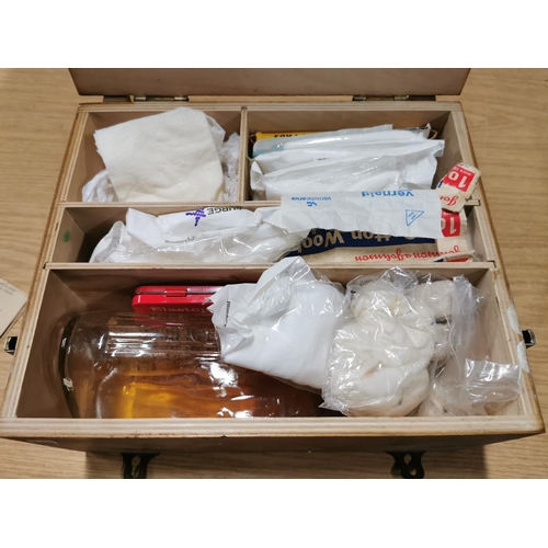 60 - Vintage wooden First Aid box, full of supplies. 23.5cm high, 29cm wide, 13cm deep