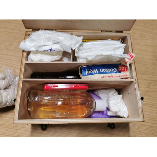60 - Vintage wooden First Aid box, full of supplies. 23.5cm high, 29cm wide, 13cm deep