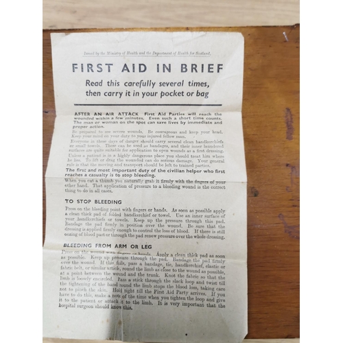60 - Vintage wooden First Aid box, full of supplies. 23.5cm high, 29cm wide, 13cm deep