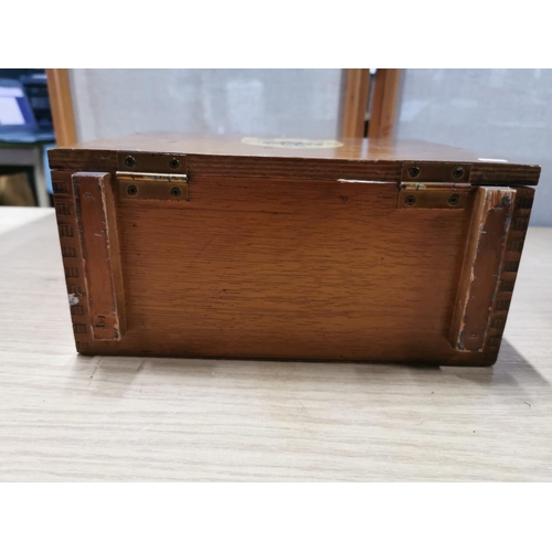 60 - Vintage wooden First Aid box, full of supplies. 23.5cm high, 29cm wide, 13cm deep