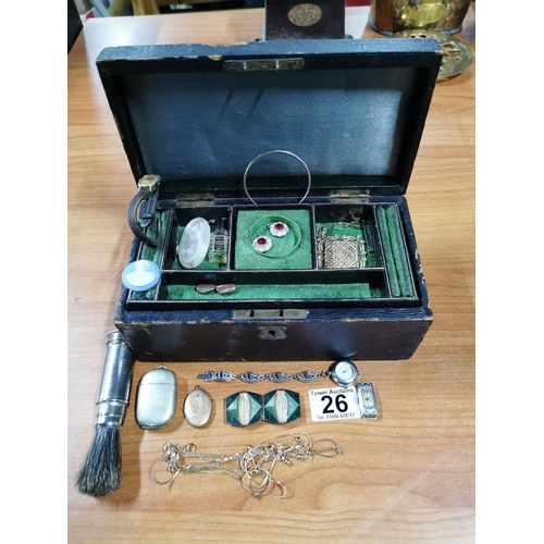 26 - Antique jewellery box along with costume jewellery, watches, EPNS cutlery, pill box, cufflinks, broo... 