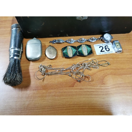 26 - Antique jewellery box along with costume jewellery, watches, EPNS cutlery, pill box, cufflinks, broo... 