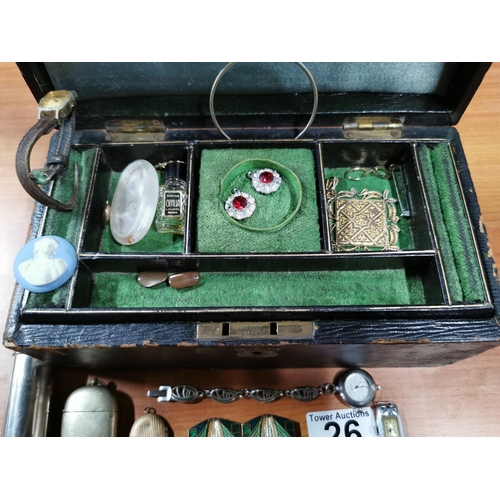 26 - Antique jewellery box along with costume jewellery, watches, EPNS cutlery, pill box, cufflinks, broo... 
