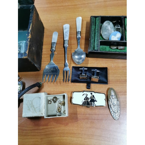 26 - Antique jewellery box along with costume jewellery, watches, EPNS cutlery, pill box, cufflinks, broo... 