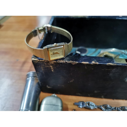 26 - Antique jewellery box along with costume jewellery, watches, EPNS cutlery, pill box, cufflinks, broo... 