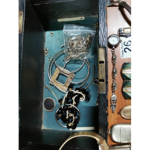 26 - Antique jewellery box along with costume jewellery, watches, EPNS cutlery, pill box, cufflinks, broo... 