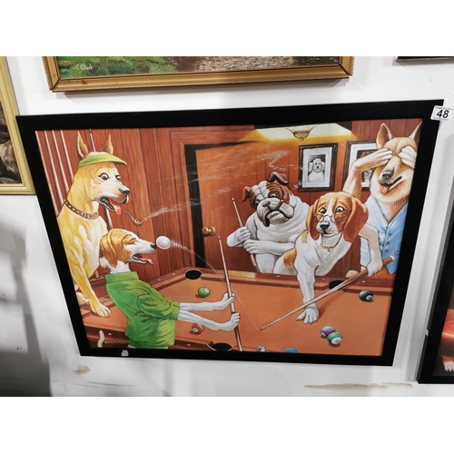48 - 2x Large framed oil paintings of dogs playing pool - A slight variation to the famous original paint... 