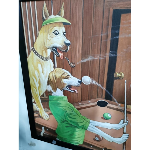 48 - 2x Large framed oil paintings of dogs playing pool - A slight variation to the famous original paint... 