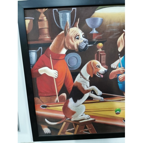 48 - 2x Large framed oil paintings of dogs playing pool - A slight variation to the famous original paint... 
