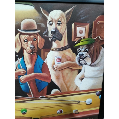 48 - 2x Large framed oil paintings of dogs playing pool - A slight variation to the famous original paint... 
