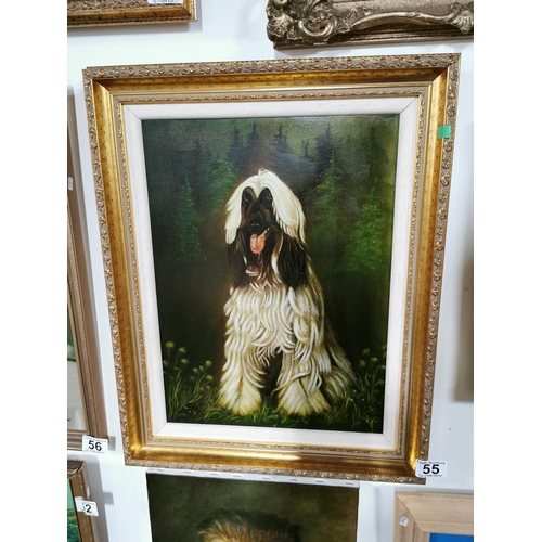 55 - Gilt Framed Oil Painting on canvas of Afghan Hound dog in a woodland scene, showing excellent charac... 