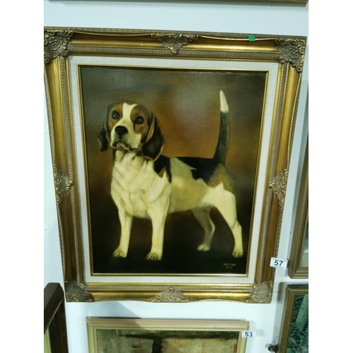 57 - Signed oil painting of a Beagle dog in a gilt frame, Well executed, showing superb detail & colours ... 