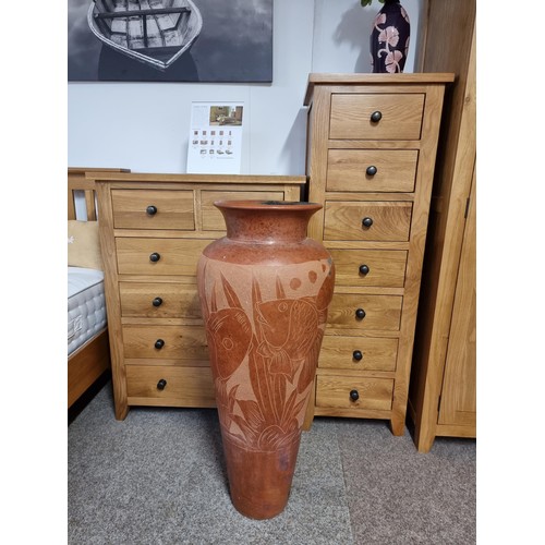 106 - Very large Asian unusual vintage/antique terracotta floor standing vase with a hand etched design of... 