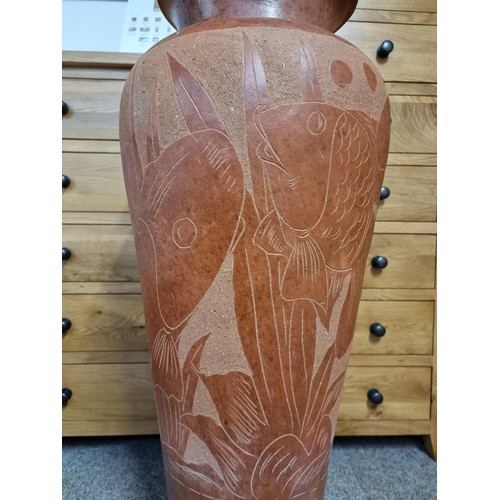 106 - Very large Asian unusual vintage/antique terracotta floor standing vase with a hand etched design of... 